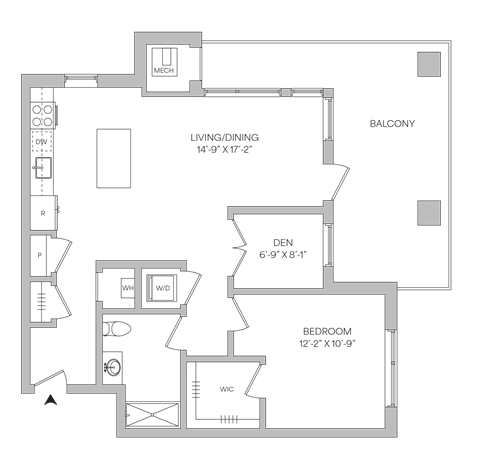 Floor plan for 1 bed, 1 bath, 921 sqft